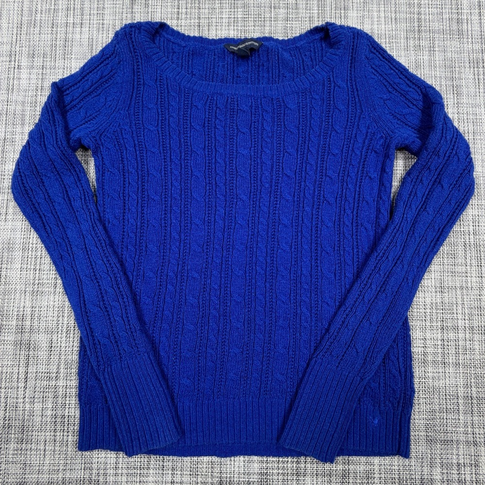 American Eagle Women Blue Cable Knit Scoop Neck Cotton Wool Blend Sweater XS